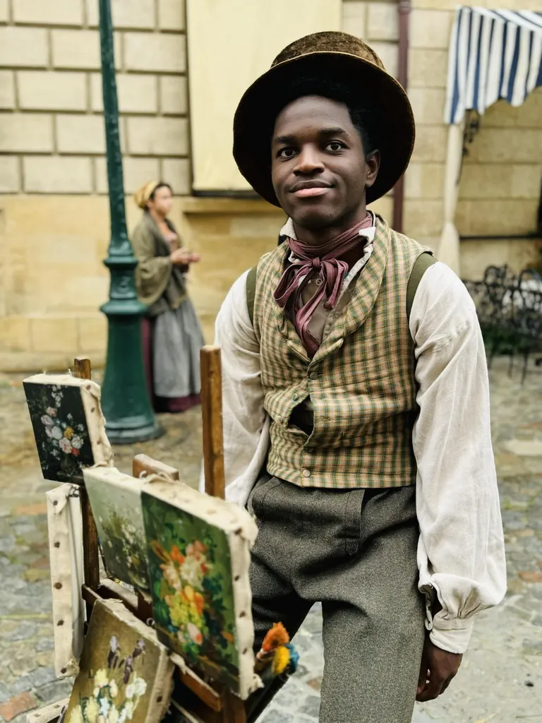 A young man in a checked waistcoat, cravat and top hat beside an easel stacked with flower paintings, cobbled street, colour.