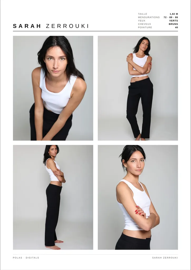 Comp card: four photos of a dark-haired woman in a white tank top and black trousers on a grey background, with her measurements.