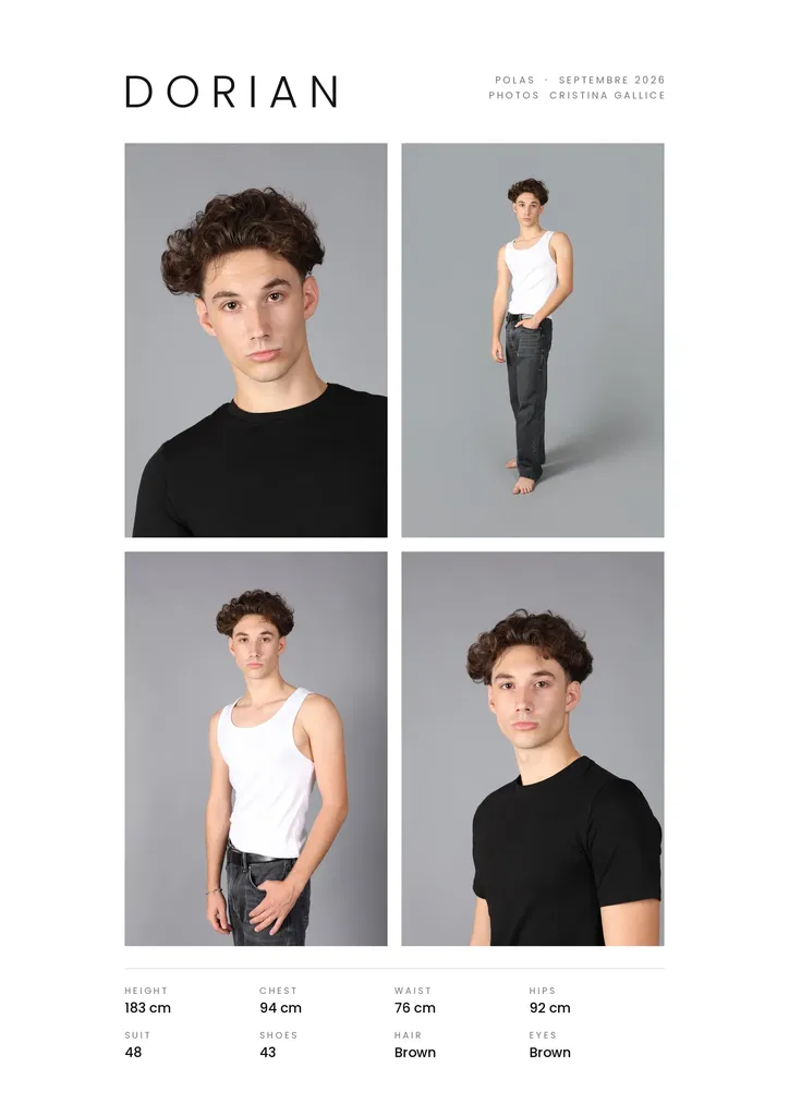 Comp card: four photos of a young man with curly brown hair in a black T-shirt and a white tank top on a grey background, with his measurements.