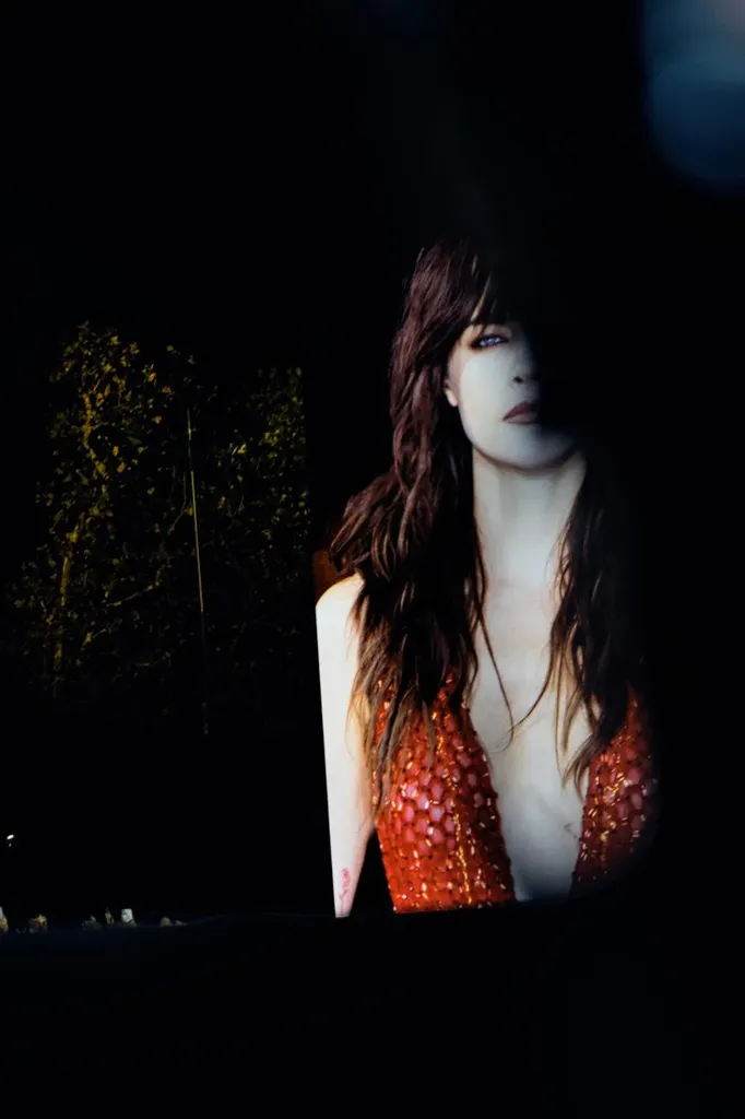 Colour, at night: the portrait of a long-haired woman in an embroidered red top, projected on a large screen in the dark.