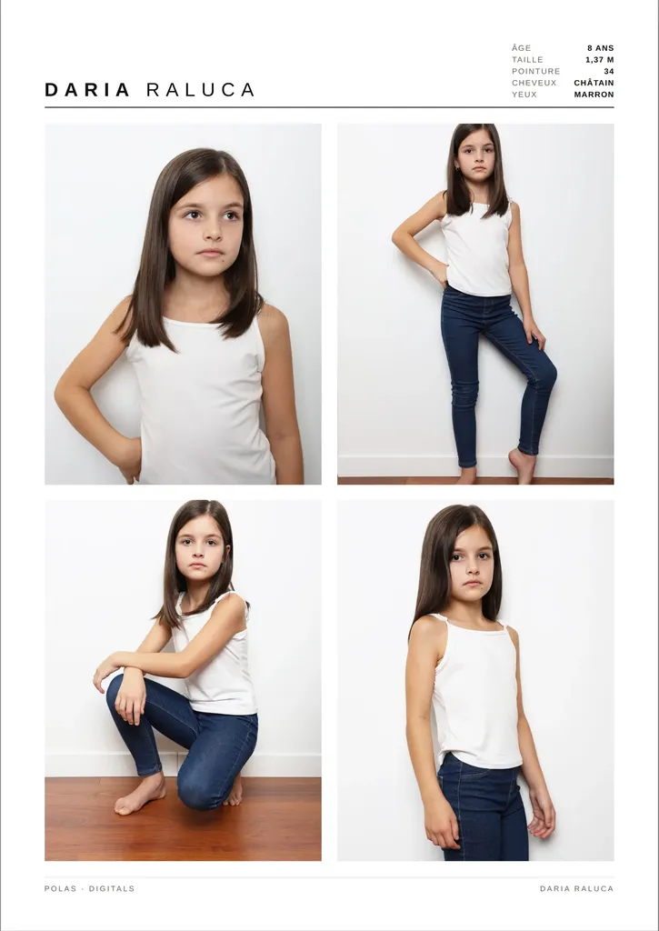 Comp card: four photos of a young girl in a white tank top and jeans, close-up and full length, on a white ground and wooden floor.